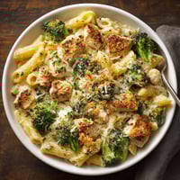 A bowl of pasta with chicken and broccoli.