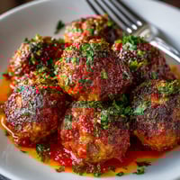 A plate of meatballs with sauce.