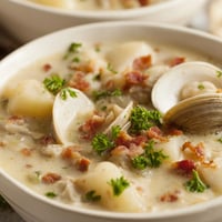 Creamy New England Clam Chowder with tender clams and potatoes, garnished with fresh parsley.