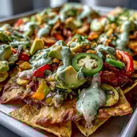 Golden-baked Sheet Pan Salsa Verde Veggie Nachos are topped with creamy homemade cashew queso and fresh avocado.