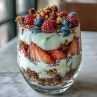 Fresh layers of creamy Greek yogurt, vibrant mixed berries, and crunchy granola crumble in a clear glass jar.