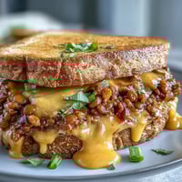 Golden toasted sourdough is generously topped with hearty lentil sloppy joes and drizzled with creamy vegan cheese sauce.