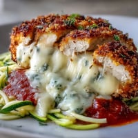 Golden-baked chicken breasts coated in almond flour and Parmesan, topped with melted mozzarella and marinara, served over sautéed zucchini noodles.