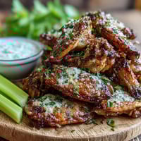 Golden-brown Keto Garlic Parmesan Roasted Wings with celery sticks and creamy ranch dip on a rustic platter.
