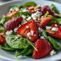 Fresh baby spinach and sliced strawberries tossed with feta and crunchy toasted almonds for a vibrant salad.