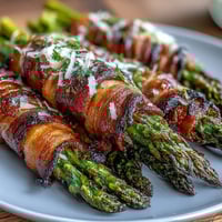 Freshly roasted Keto Bacon-Wrapped Asparagus Bundles with Parmesan, arranged on a baking sheet with melted, golden cheese.