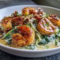 Creamy garlic Tuscan shrimp with zucchini noodles, featuring succulent shrimp in a rich Parmesan cream sauce with sun-dried tomatoes and spinach.