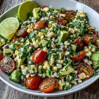 Fresh Corn and Tomato Salad with Avocado and Lime served in a white bowl, bright cherry tomatoes and sweet yellow corn glistening with zesty lime dressing.