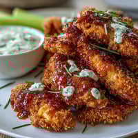 Golden keto chicken tenders with a spicy buffalo coating, served alongside fresh celery sticks and a creamy ranch dip for a low-carb meal.  