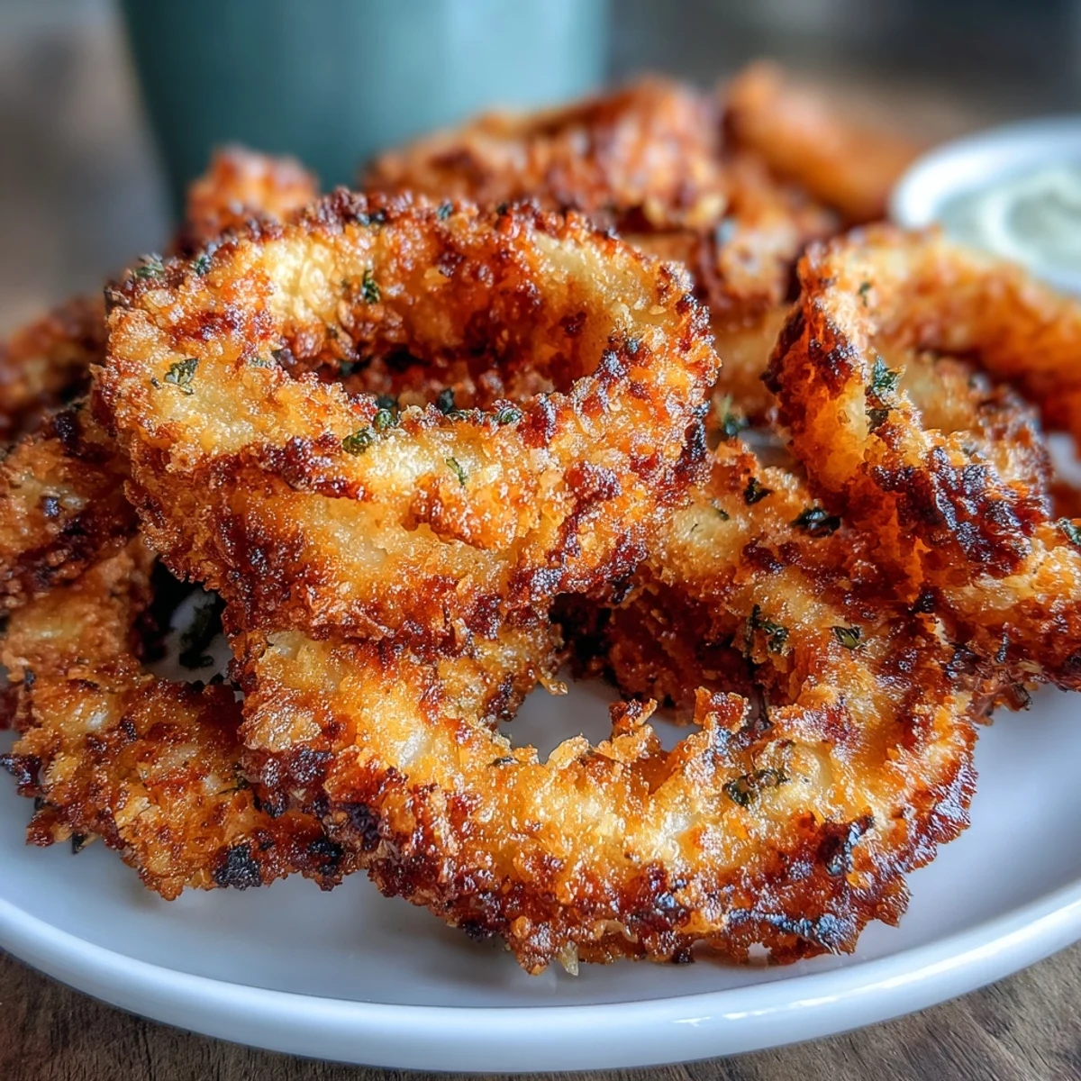Crispy air fryer onion rings with golden coating and creamy garlic aioli dip, perfect for parties.  