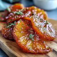 Glossy candied orange segments glistening in golden syrup, ideal for dessert topping or cake garnish.  