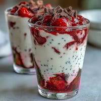 Creamy strawberry yogurt chia pudding topped with dark chocolate shavings and fresh berries.