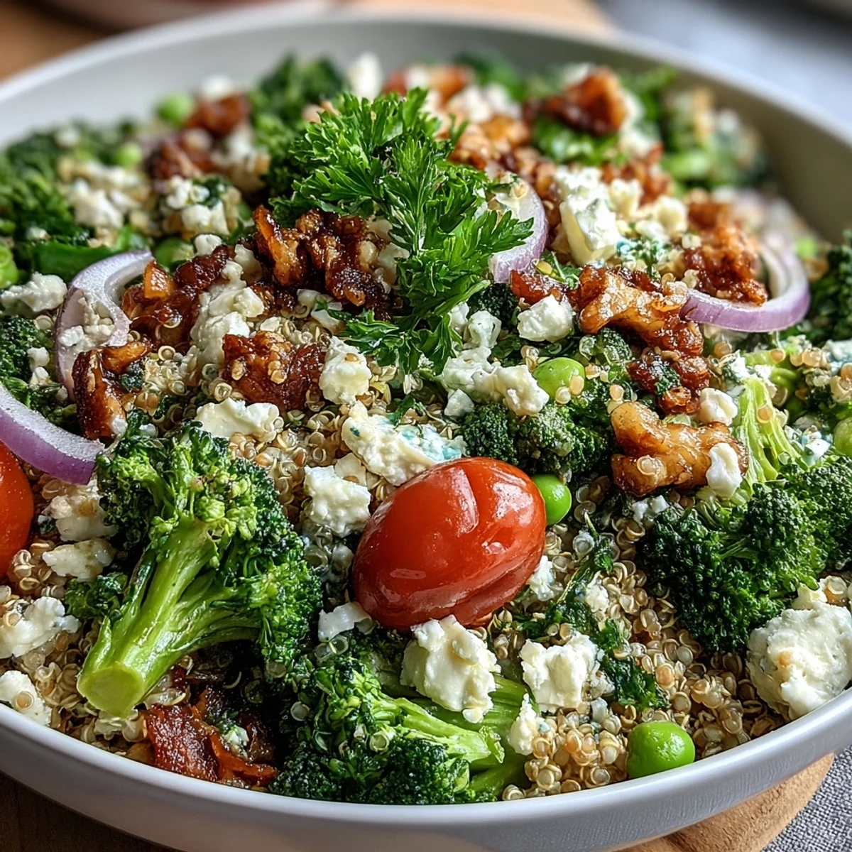 A colorful grain bowl with quinoa, broccoli, peas, and feta, drizzled with lemon-Dijon dressing for a fresh vegetarian meal.  