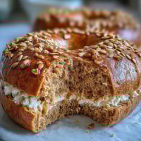 Golden whole wheat protein bagels with a glossy honey glaze, served alongside a creamy, fluffy yogurt dip for a nourishing breakfast.