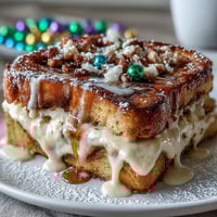 Festive King Cake Overnight French Toast Bake with golden custard-soaked brioche and colorful Mardi Gras sprinkles.  