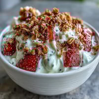Fluffy Yogurt Breakfast Bowl with Strawberries and Granola Crunch, topped with fresh berries and crunchy granola for a vibrant morning treat.  