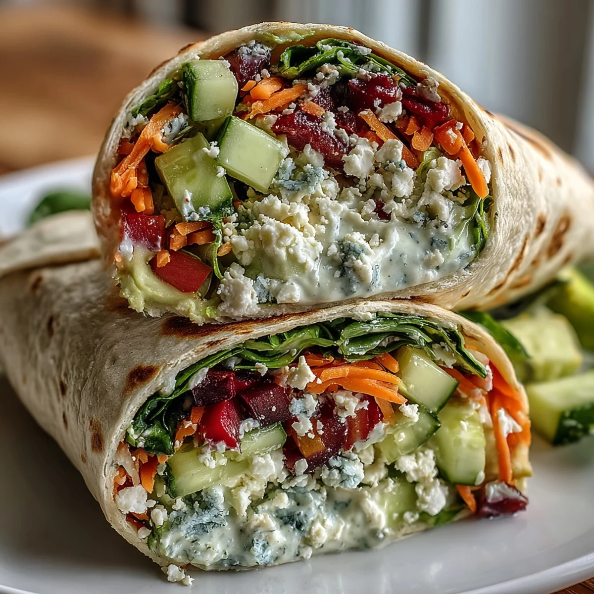 Fresh veggie wraps filled with spinach, carrots, and cucumber, drizzled with zesty lemon aioli and wrapped in soft flour tortillas.