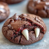 Chocolate Vampire Cookies with Candy Fangs: Spooky Halloween treats with rich cocoa dough, chewy texture, and red gel blood dripping from candy fangs.