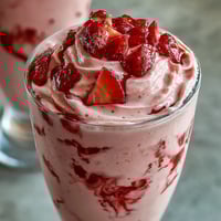 A creamy strawberry shortcake protein smoothie topped with fresh strawberry slices and a sprinkle of granola for crunch.