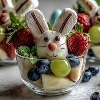 Bunny Fruit Cups filled with colorful fresh strawberries, blueberries, pineapple, and grapes for a healthy Easter treat.