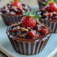 Dubai Chocolate Strawberry Cups with Pistachio Crunch—decadent dark chocolate shells filled with fresh diced strawberries and a golden pistachio crunch topping.