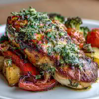 Juicy baked chicken breasts surrounded by colorful roasted vegetables in a zesty lemon-herb marinade, perfect for a healthy weeknight dinner.