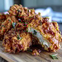 Crispy Southern fried chicken with golden crust served alongside warm honey butter biscuits on a rustic wooden board.