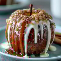 Glossy red candy apples with creamy white chocolate drizzle on a rustic baking tray.