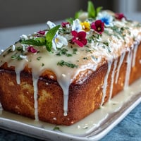 Zesty lemon drizzle cake with tangy glaze and delicate edible flowers, a beautiful Mothers Day dessert centerpiece.