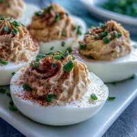 Creamy deviled eggs with paprika and chives, a classic appetizer perfect for parties or picnics.  