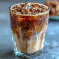 Iced brown sugar oat milk shaken espresso in a tall glass with ice cubes and creamy oat milk.