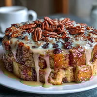 Warm cinnamon and piloncillo bread pudding with raisins, topped with melted cheese and toasted nuts.