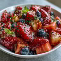 Fresh strawberry lemonade fruit salad with juicy berries, sweet grapes, and a zesty citrus dressing, perfect for summer picnics.