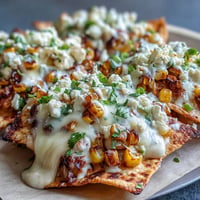 Crispy tortilla chips topped with charred corn, melted Monterey Jack and cheddar cheese, and drizzled with smoky chipotle crema for Cinco de Mayo Elote Nachos.