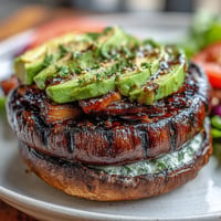 Juicy grilled portobello mushroom burgers piled high with creamy avocado and fresh toppings.