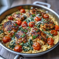 Creamy Chicken Orzo skillet, a golden-brown comfort dish with tender chicken and vibrant vegetables.