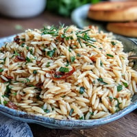 Herb-Roasted Garlic Orzo pasta with a golden hue and fresh green herbs.