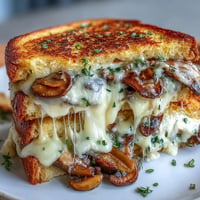 Golden brown Mushroom Swiss Grilled Cheese with gooey melted cheese and savory sautéed mushrooms.