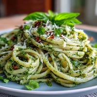 Vibrant lemon pesto pasta dish, glistening with zesty basil sauce, ready to serve.