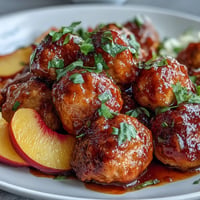 Juicy hot honey peach chicken meatballs glistening in sweet heat, ready to serve.