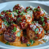 Juicy mango coconut curry meatballs simmered in a vibrant, tropical sauce.