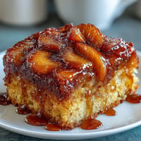 Golden brown sugar peach upside-down cake, glistening with caramelized fruit, ready to serve.