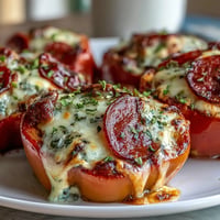 Cheesy pizza-stuffed bell pepper rings bursting with melted cheese and savory toppings.